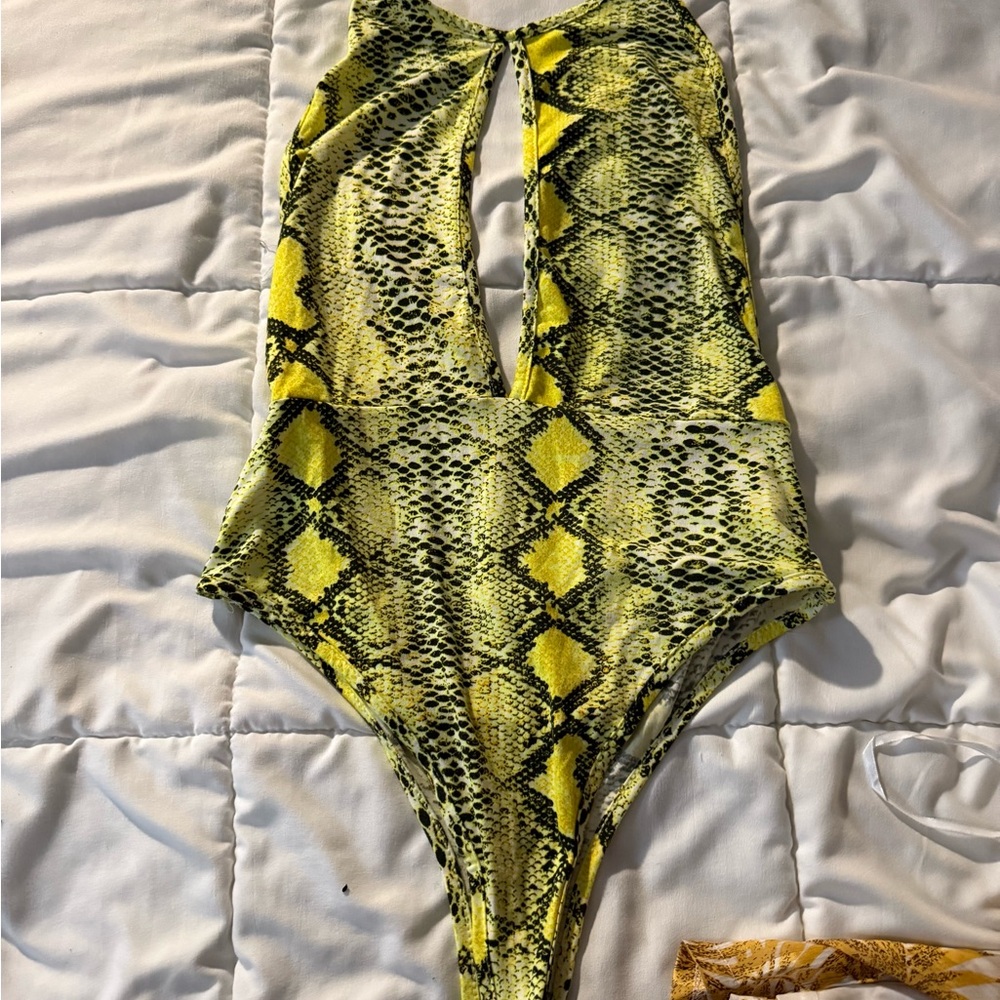Snake skin body suit neon yellow onesie (one size)